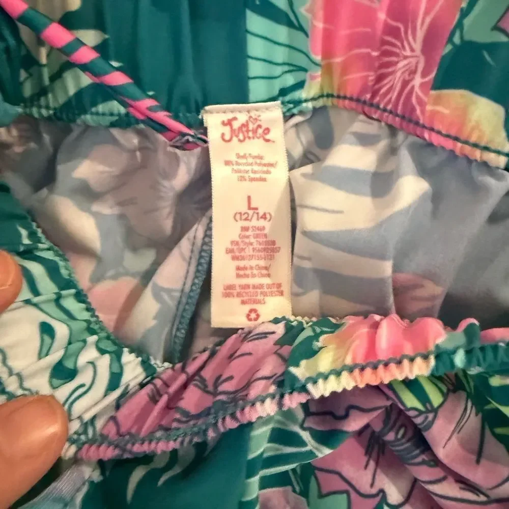 Girls Justice 3 piece set swim suit teal and floral and shorts size Large